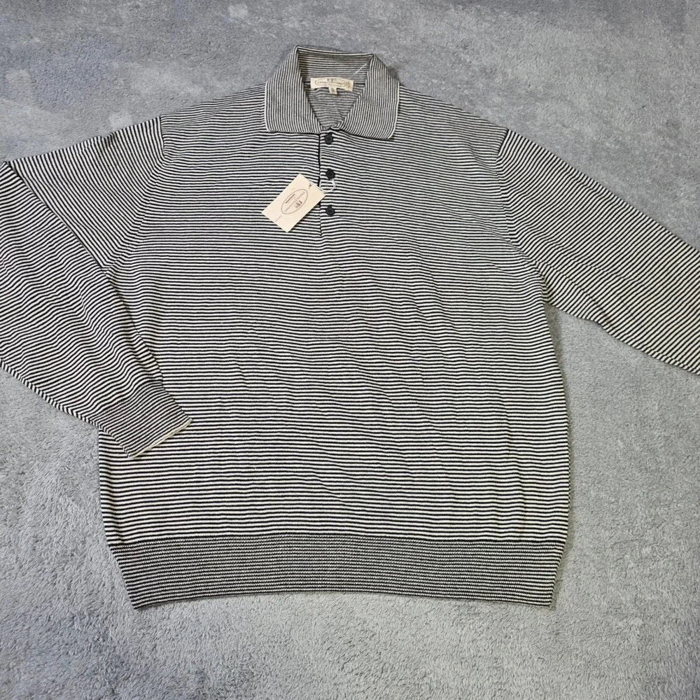 Pronto Uomo Mens XL Polo Sweater Black White Striped Long Sleeve Cotton Blend‎